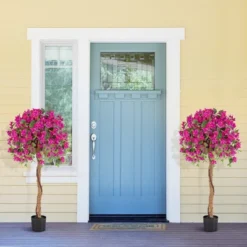 Tangkula 2PCS 53" Artificial Azalea Tree Floral Plant W/ Red Azalea Flowers Nursery Pot