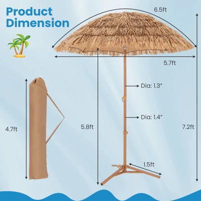 Tangkula 6.5Ft Tiki Beach Umbrella With Base Hawaiian Style PP Grass With Tilt Adjustment 8 Ribs Thatched With Carry Bag For Garden & Pool Natural 10 Tangkula 6.5Ft Tiki Beach Umbrella With Base Hawaiian Style PP Grass With Tilt Adjustment 8 Ribs Thatched With Carry Bag For Garden & Pool Natural - Image 8