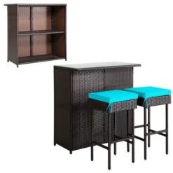 Tangkula 3PCS Patio Wicker Rattan Bar Set Table W/2 Turquoise Cushioned Stools -Tangkula GUEST db4b21b3 e7fd 402b 8dfe 89786b398afb