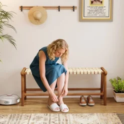 Tangkula 47" Long Teak Wood Patio Bench W/Weave Seat Solid Wood Legs Backless For Porch -Tangkula GUEST dc4c9b63 e800 47bf a658 137f1af7b4d4