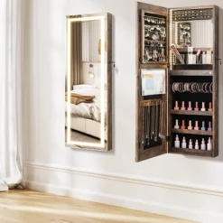 Tangkula LED Mirror Jewelry Cabinet Wall/Door Mounted Organizer Armoire W/ 3 Color Light