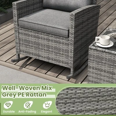 Tangkula Set Of 3 Wicker Rocking Set Patio W/ Tempered Glass Table & Soft Cushions 8 Tangkula Set Of 3 Wicker Rocking Set Patio W/ Tempered Glass Table & Soft Cushions - Image 6