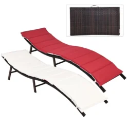 Tangkula 2PCS Outdoor Patio Rattan Wicker Lounge Chair Chaise Folding W/ Reversible Cushions Red & White -Tangkula GUEST dd4be689 406f 4f10 92c5 99054cef073d