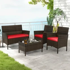 Tangkula 4 Piece Patio Rattan Conversation Set Outdoor Wicker Furniture Set With Chair Loveseat & Tempered Glass Table Cozy Seat Cushions -Tangkula GUEST ddf56b19 c3a5 493a b7b4 42f5ad0594f1
