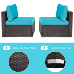 Tangkula 2PCS Patio Wicker Rattan Sectional Armless Chair Sofa W/ Turquoise Cushion -Tangkula GUEST decdc42a 38b6 4051 afd1 f79915de2585