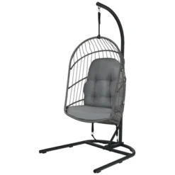 Tangkula Modern Rattan Hanging Egg Swing Chair W/Stand Foldable Cushioned Hammock Gray/Beige -Tangkula GUEST df19a837 4238 4816 a640 e2bf50ae00c7