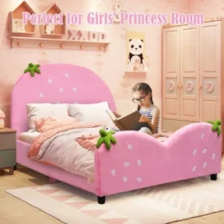 Tangkula Pink Kids Upholstered Twin Bed Toddler Bed With Adjustable Non-slip Feet