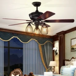 Tangkula 52" Ceiling Fan With Lights, 5 Iron Blades & 3 Cage Lights, Noise-Free Motor With Reversible Function -Tangkula GUEST dfd7c5f1 ec02 41dd ab80 b3186c31c521