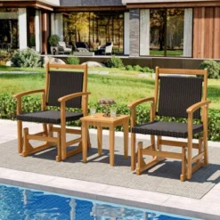 Tangkula 2PCS Patio Rattan Glider Chair W/ Acacia Wood Frame & Wicker Seat Back Armrests