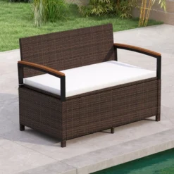Tangkula Outdoor Storage Bench W/Cushion Backrest & Acacia Wood Armrests Hidden Storage