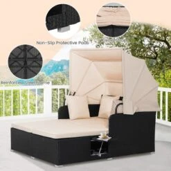 Tangkula Outdoor Wicker Lounge Daybed Hand-Woven PE Rattan Patio Loveseat Sofa Set With Retractable Canopy & 2 Side Tables With Soft Cushions Beige -Tangkula GUEST e1433a76 60dc 44bb 95c0 c66efff03f07