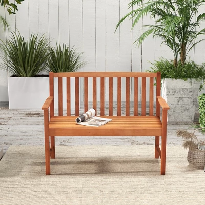Tangkula Patio Wood Bench 2-Seat Outdoor Bench W/ Cozy Armrests & Backrest 4 Tangkula Patio Wood Bench 2-Seat Outdoor Bench W/ Cozy Armrests & Backrest - Image 2