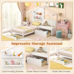 Tangkula Twin Size House Bed Kids Platform Bed W/ Padded Bench & Floating Shelves -Tangkula GUEST e3019438 d76b 4d0c 8ddc bfd0b15c14fe