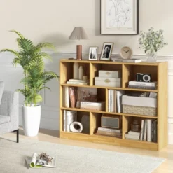 Tangkula Wood Storage Cube Bookcase 3 Tier 8 Cube Open Shelf Storage Cabinet With Anti-Toppling Devices Bookshelf Natural/Burlywood/Oak Grey/White