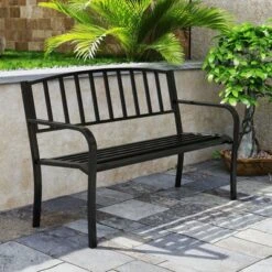 Tangkula 50 Inches Garden Bench W/ Slatted Backrest & Curved Armrests For Porch -Tangkula GUEST e37f2a42 0587 4726 87c7 454de8f9cfc0