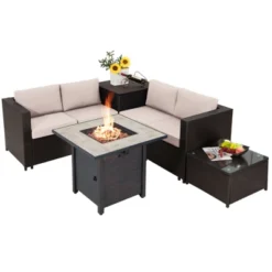 Tangkula 5-Piece Patio Furniture Set With 30 Inches Gas Fire Pit Table Outdoor PE Wicker Sectional Sofa Set With Cushions Red/Beige/Navy/Turquoise -Tangkula GUEST e3fda55c 36bf 4421 9fbe fc3197086c5f