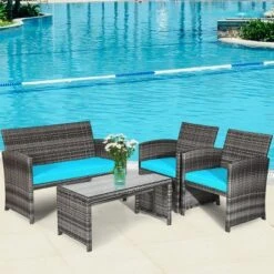 Tangkula 4-Piece Outdoor Patio Furniture Set Rattan Wicker Conversation Sofa Set W/Cushions Turquoise -Tangkula GUEST e43a839c b0ac 4bd0 a3a7 aa8618d54d36