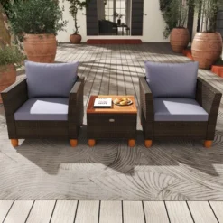Tangkula Set Of 3 Rattan Bistro Furniture Set Solid Acacia Wood Table Top Cushioned Sofa Patio
