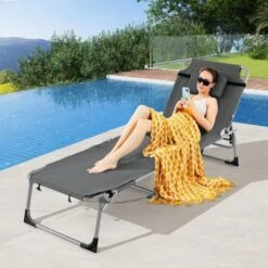 Tangkula Outdoor Folding Chaise 5-Position Lounge Chair W/ Face Hole & Adjustable Footrest
