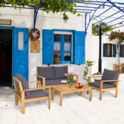 Tangkula 8PCS Cushioned Wooden Conversation Set Patio Outdoor Furniture Set -Tangkula GUEST e4d95312 aa6b 47ed bc04 d2b53de02c62