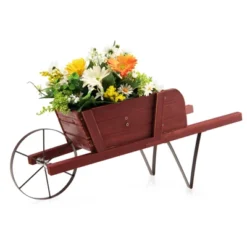Tangkula Flower Pot Wheelbarrow Planter Solid Pine Wood Wagon Planter W/ Triangular Metal Support 2 Energy-saving Handles Movable Whee Walnut/Red -Tangkula GUEST e51ad107 5688 4b1c ab15 41514821c1d8