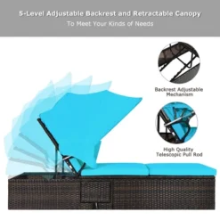 Tangkula Rattan Patio Chaise Lounge Chair W/ Adjustable Canopy Turquoise Cushion -Tangkula GUEST e59292fc 56be 4126 991b d46c3d1b5bd8