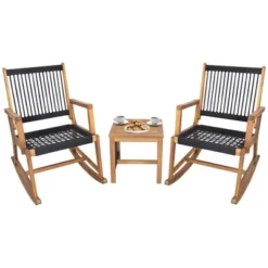 Tangkula 3 Piece Acacia Wood Rocking Chair Set W/ Coffee Table & All-Weather Rope Patio Poolside -Tangkula GUEST e5f884f2 4000 4826 8f4c 9e6e502678f8