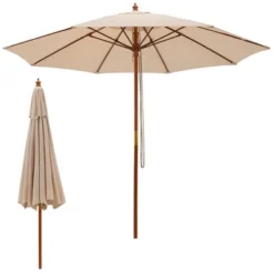 Tangkula 9.5 FT Rope Pulley Wooden Umbrella Market W/ Fiberglass Ribs Patio -Tangkula GUEST e7a64bdd 89d2 494c 8ed1 302c90152e03