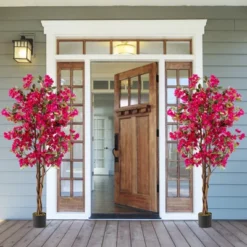 Tangkula 6 FT Artificial Bougainvillea Tree Set Of 2 Tall Faux Pre-potted Tree W/ 910 Flowers