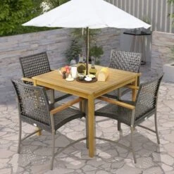 Tangkula 5 PCS Patio Dining Set Acacia Wood Table W/ 1.9" Umbrella Hole Wicker Armchairs -Tangkula GUEST e8b013ed 63c7 4bef 81a3 a3195faae726