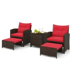 Tangkula Set Of 5 Rattan Furniture W/ 2 Wicker Ottomans & Tempered Glass Coffee Table Patio Red -Tangkula GUEST e8be9e3b bb31 460e bee6 acfceb8524b2