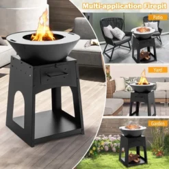 Tangkula Patio Fire Pit W/ Firewood Log Rack Outdoor Wood Burning Fireplace W/ Grill & Ash Box -Tangkula GUEST e9262f08 522e 4de2 93a3 707e0b7b2147