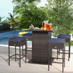 Tangkula Tangkula 5PCS Patio Bar Set Rattan Bar Furniture Set W/ Table & 4 Cushioned Stools Navy