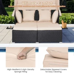 Tangkula Outdoor Wicker Lounge Daybed Hand-Woven PE Rattan Patio Loveseat Sofa Set With Retractable Canopy & 2 Side Tables With Soft Cushions Beige -Tangkula GUEST e98675a6 60f8 4f36 a1d0 85b7eeaeda6d