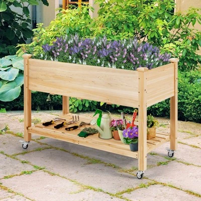 Tangkula Elevated Garden Bed Wood Planters With Storage Shelf Wheels & Liner Suitable For Vegetable Flower Herb 4 Tangkula Elevated Garden Bed Wood Planters With Storage Shelf Wheels & Liner Suitable For Vegetable Flower Herb - Image 2