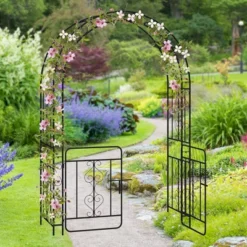 Tangkula 84" No Dig Arch Trellis Heavy-duty Metal Garden Arbor W/ Lockable Gate -Tangkula GUEST ea948f9c 203b 48d0 94c7 6ecda9a28153