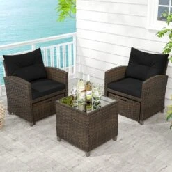 Tangkula 5 CS Rattan Furniture W/ & Tempered Glass & 2 Ottomans Coffee Table Patio