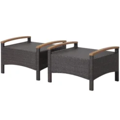 Tangkula Outdoor PE Wicker Ottoman Set Of 2 Patio Rattan Footrest Seat With Soft Cushions & Curved Acacia Wood Handles Beige/Navy Blue/Red/Off White -Tangkula GUEST ed35e9a6 0418 43e6 991b 9a13c752b6ef