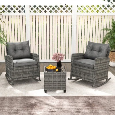 Tangkula Set Of 3 Wicker Rocking Set Patio W/ Tempered Glass Table & Soft Cushions 3 Tangkula Set Of 3 Wicker Rocking Set Patio W/ Tempered Glass Table & Soft Cushions