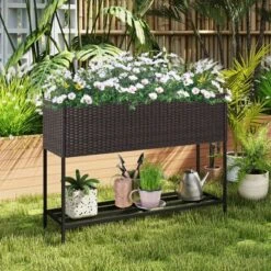 Tangkula Elevated Planter Box Raised Garden Bed W/ Rattan Surface Bottom Storage Shelf & Removable Liner