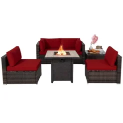 Tangkula 6 PCS Patio Wicker Furniture Set With 30" Gas Fire Pit Table 50,000 BTU Black/Red/Turquoise/Navy/White Cushions -Tangkula GUEST eeb49e4d a5a9 4587 9b7b 51d86d6b5245