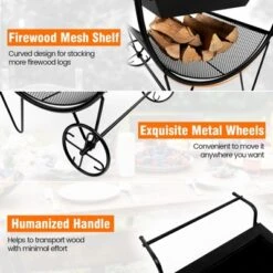 Tangkula 21.5" Fire Pit & Firewood Log Rack Outdoor Square Firepit & Firewood Holder With Spark Screen Rolling Wheels -Tangkula GUEST eebd44d8 cd8a 47d1 912a 291b2885e3b7