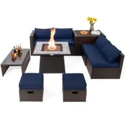 Tangkula 9 Pieces Outdoor Patio Furniture Set With 35" Propane Fire Pit Table Wicker Sectional Sofa Set W/ Storage Box Black/Gray/Navy/Red/Turquoise/Off White -Tangkula GUEST eee13437 81d9 42de a3c6 e0f915084dd1