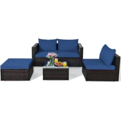 Tangkula 5PCS Cushioned Rattan Patio Conversation Set W/ Ottoman Navy Cushion -Tangkula GUEST f04aaa52 44f4 4d36 b4ee 9e357d9702d6