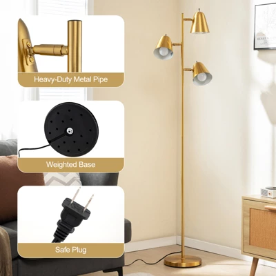 Tangkula 64" Mid Century Modern Floor Lamp 3 Light Tree, Standing Tall Pole Lamp W/ 3 LED Bulbs & Adjustable Heads (Antique Brass) 10 Tangkula 64" Mid Century Modern Floor Lamp 3 Light Tree, Standing Tall Pole Lamp W/ 3 LED Bulbs & Adjustable Heads (Antique Brass) - Image 8