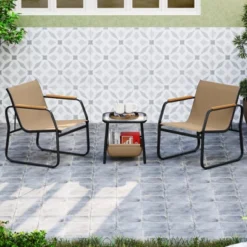 Tangkula 3-Piece Bistro Set Patio Chairs & Side Table W/ Storage Basket Breathable Mesh Fabric