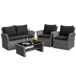 Tangkula 4-Piece Rattan Wicker Patio Outdoor Furniture Sofa Set With Cushions & Tempered Glass Table -Tangkula GUEST f16d10e4 5bd3 4e78 8c68 7af4a50fb4d3