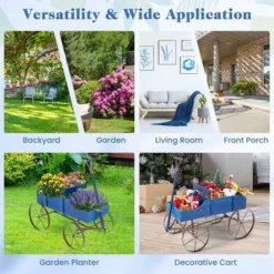 Tangkula Tangkula Wooden Garden Flower Planter Wagon Plant Bed W/ Wheel Garden Yard Blue -Tangkula GUEST f23ebe72 7c2c 49b2 88c8 c3fee688ebff