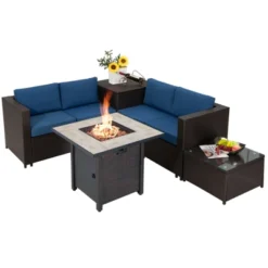 Tangkula 5-Piece Patio Furniture Set With 30 Inches Gas Fire Pit Table Outdoor PE Wicker Sectional Sofa Set With Cushions Red/Beige/Navy/Turquoise -Tangkula GUEST f2e38a81 58e2 4245 b9e4 91ffb65e3e9b