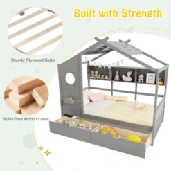 Tangkula Twin Size House Bed Kids Bed Frame W/ 2 Storage Drawers & Fence Guardrails -Tangkula GUEST f31bcf4b c2d4 442e 9f62 004b62c0cb81